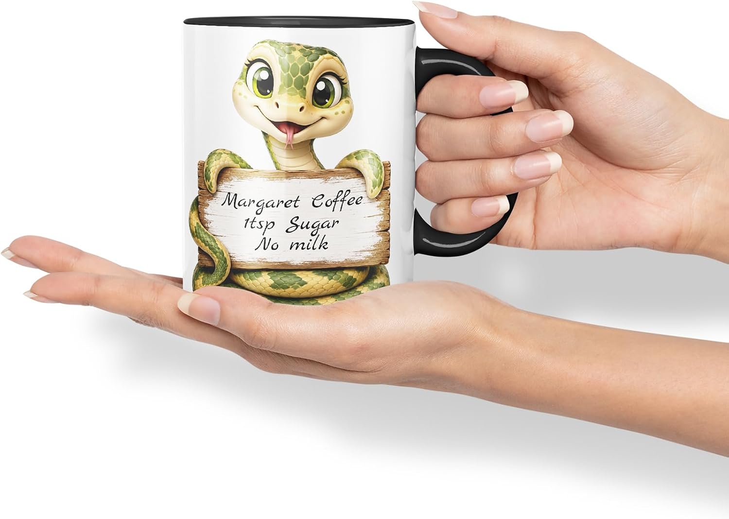 Vixar Personalised Snake Mug with Name or Custom Message – Cute Animal Coloured Ceramic Mug Cup Gift, 11oz (Black)