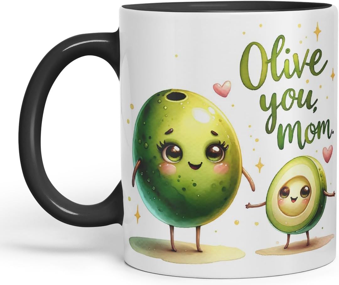 Vixar Olive You, Mom Coloured Mug Cup Cute Mother’s Day Gift 11oz (Black)