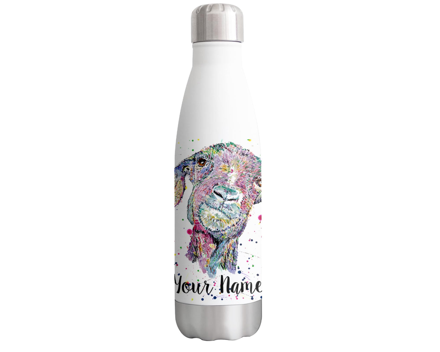 Vixar Goat Personalised Custom Bottle with your Text/name Watercolour farm animals Bottle double Wall insulated Stainless steel sport Drinks 500ml