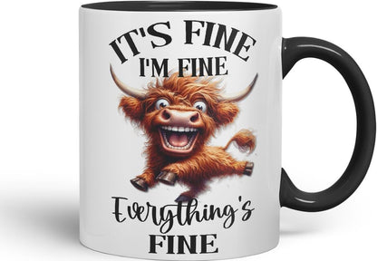 Vixar It's Fine I'm Fine Everything is ..., Highland Cow Scottish Joke Sarcastic Ceramic Coloured Mug Cup 330ml 11Oz FHC2(Black)
