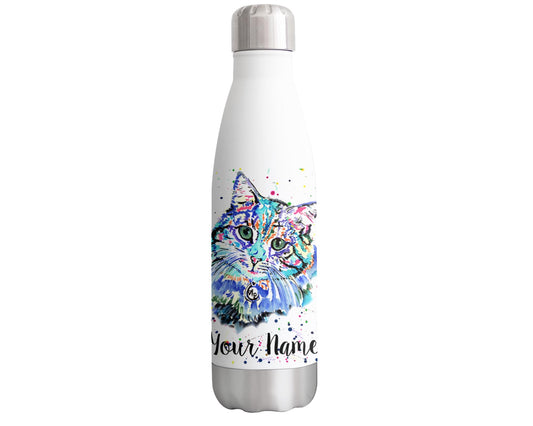 Cat Blue Personalised Custom Bottle with Your Text/Name Kitten pet Watercolour Animals Bottle Double Wall Insulated Stainless Steel Sport Drinks 500ml