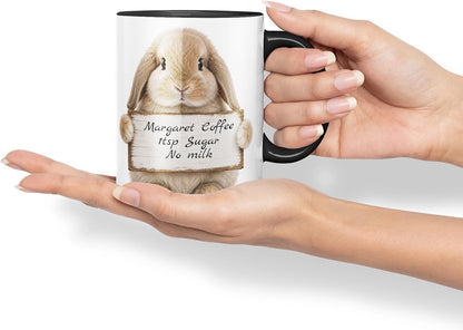 Vixar Personalised Lop Rabbit Mug with Name or Custom Message – Cute Animal Coloured Ceramic Mug Cup Gift, 11oz (Black)