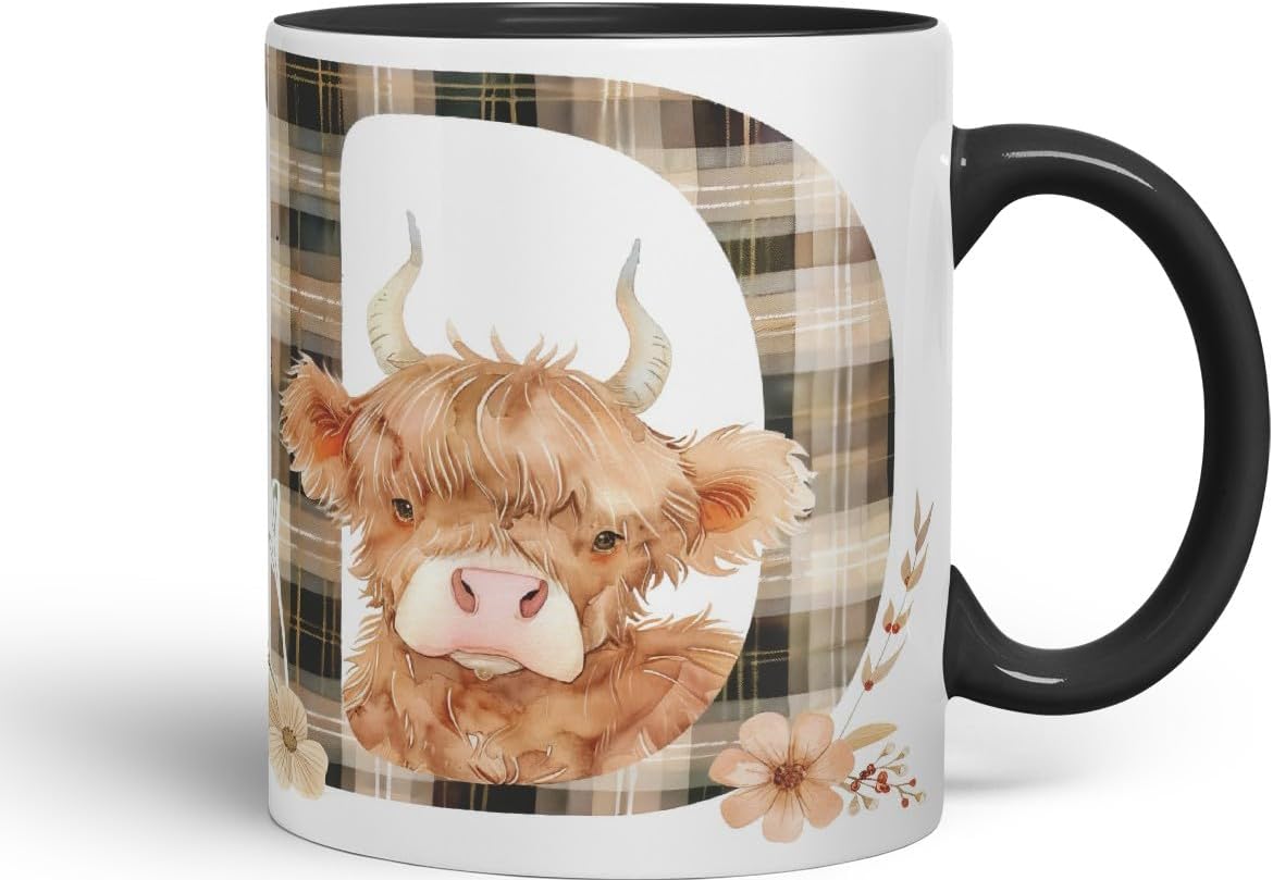 Vixar Highland Cow Alphabet Monogram Coloured Ceramic Cup Mug – Letter D – Rustic Farmhouse Animal Letter Gift – 11oz (Black)