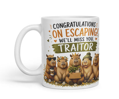 Vixar Congratulations on Escaping! We'll Miss You, Traitor Mug – Funny Coworker Leaving Colleague Goodbye Gift, 11oz (Black)