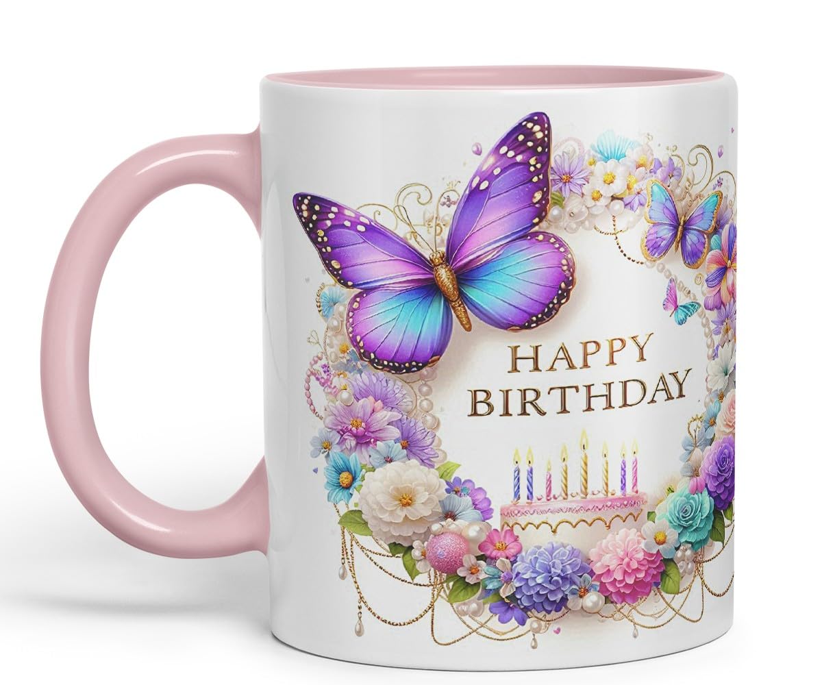 Vixar Happy Birthday Pastel Cake Florals Coloured Ceramic Mug Cup Gift 11oz V6 (Black)