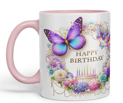 Vixar Happy Birthday Pastel Cake Florals Coloured Ceramic Mug Cup Gift 11oz V6 (Black)