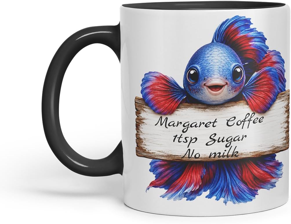 Vixar Personalised Betta Fish Mug with Name or Custom Message – Cute Animal Coloured Ceramic Mug Cup Gift, 11oz (Black)