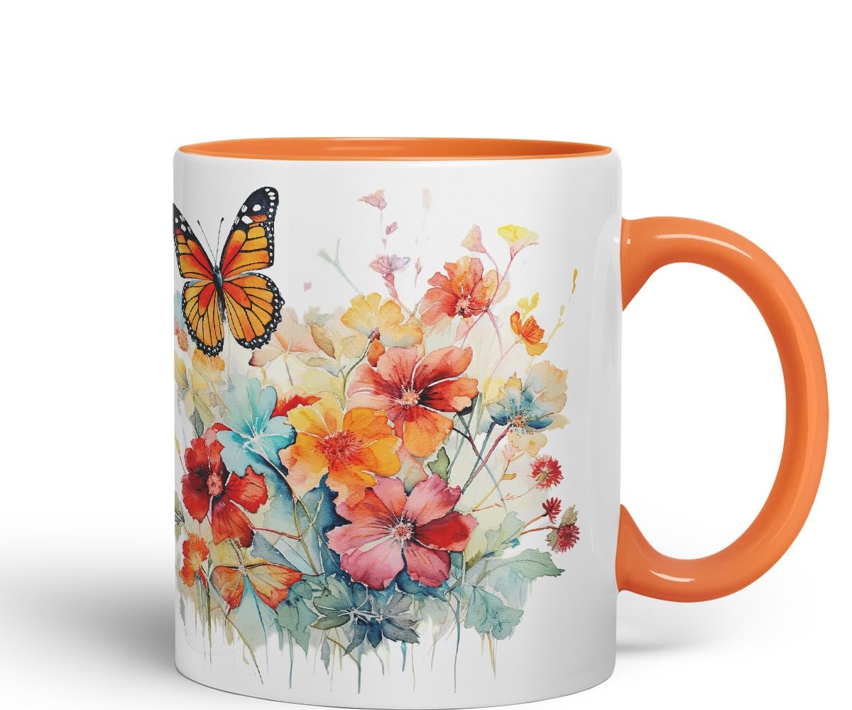 Vixar Ceramic Mug “Flowers & Butterfly” – Coloured Coffee & Tea Mug Cup 11oz 330ml (Black)