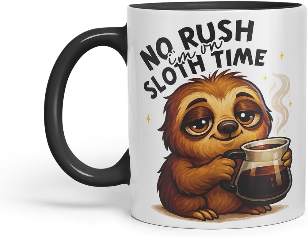 Vixar No Rush I'm On Sloth Time Funny Sloth Coffee Mug – Coloured Ceramic Mug Cup Gift, 11oz (Black)