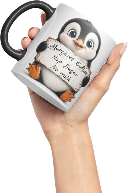 Vixar Personalised Penguin Mug with Name or Custom Message – Cute Animal Coloured Ceramic Mug Cup Gift, 11oz (Black)
