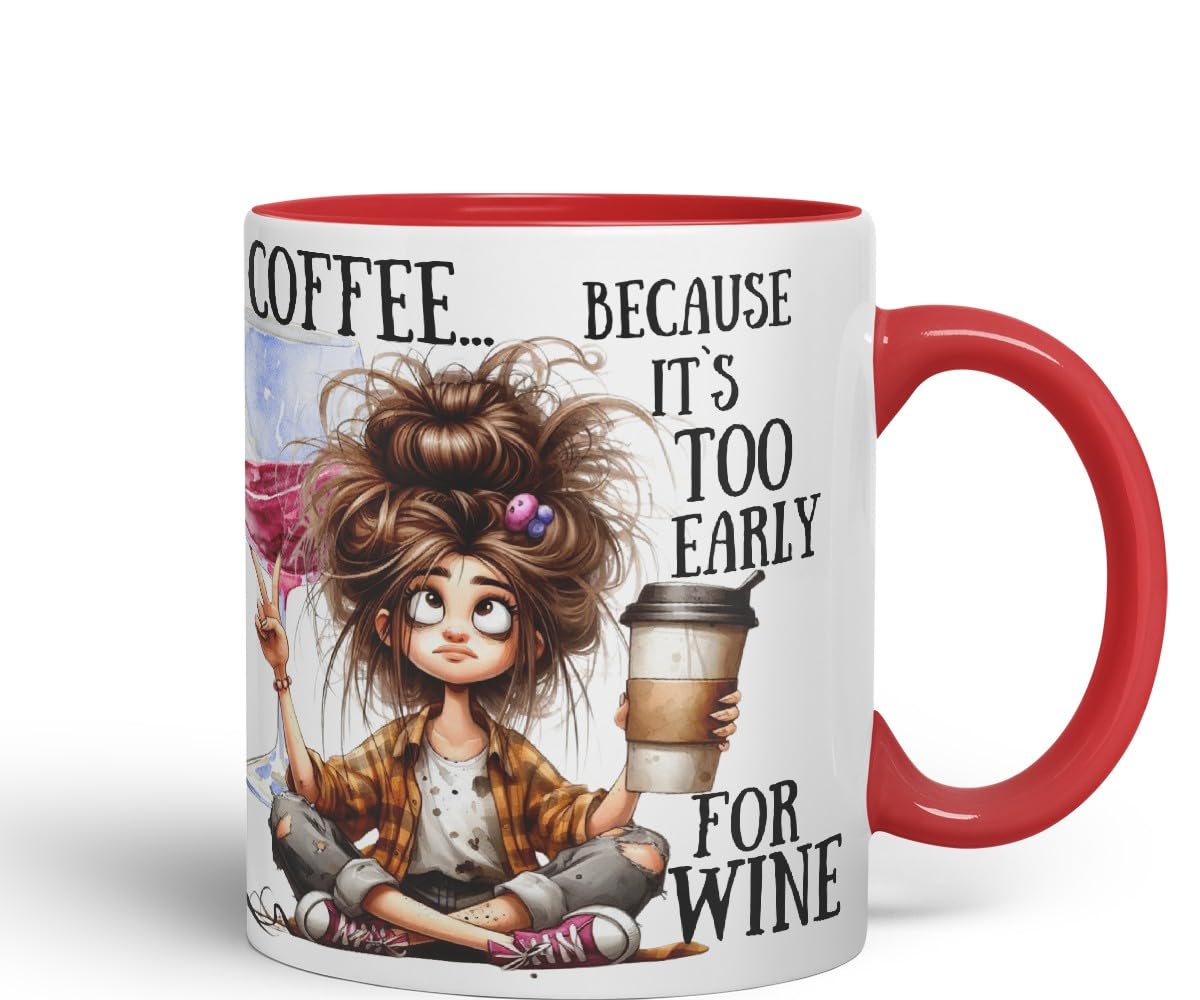 Vixar Coffee Because It’s Too Early for Wine Mug – Coloured Ceramic Mug Cup Gift, 11oz (Black)