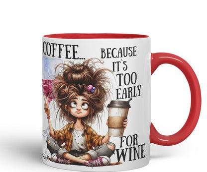 Vixar Coffee Because It’s Too Early for Wine Mug – Coloured Ceramic Mug Cup Gift, 11oz (Black)