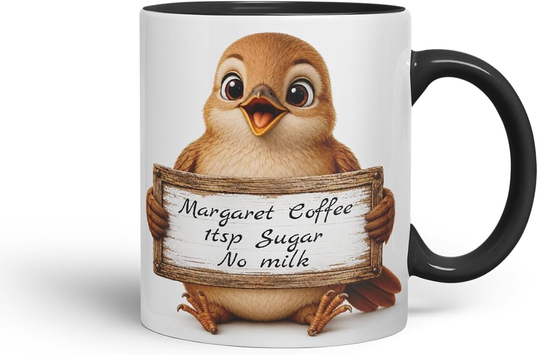 Vixar Personalised Nightingale Mug with Name or Custom Message – Cute Animal Coloured Ceramic Mug Cup Gift, 11oz (Black)