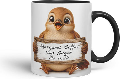 Vixar Personalised Nightingale Mug with Name or Custom Message – Cute Animal Coloured Ceramic Mug Cup Gift, 11oz (Black)