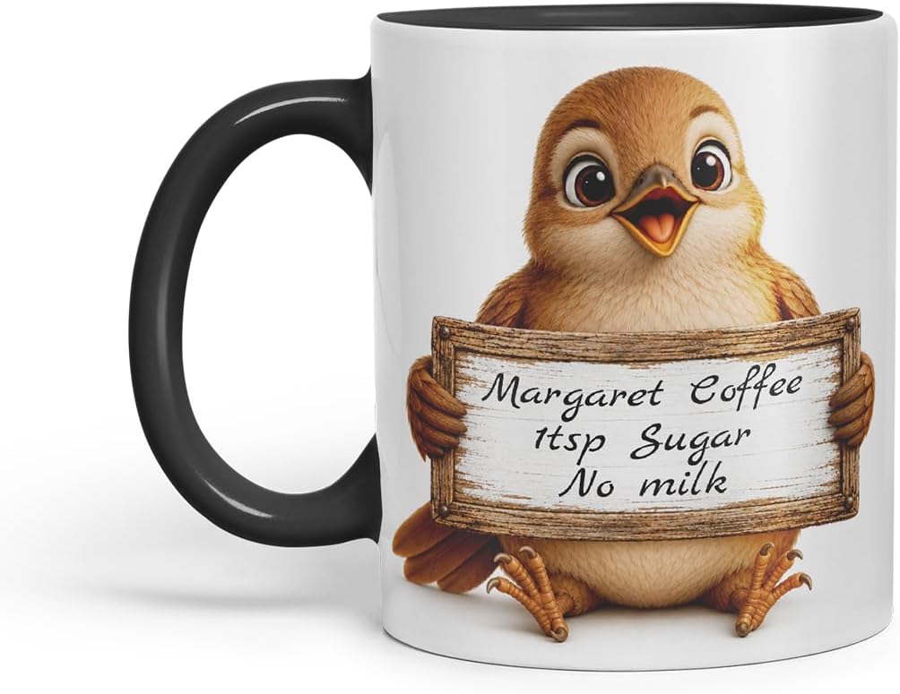 Vixar Personalised Nightingale Mug with Name or Custom Message – Cute Animal Coloured Ceramic Mug Cup Gift, 11oz (Black)