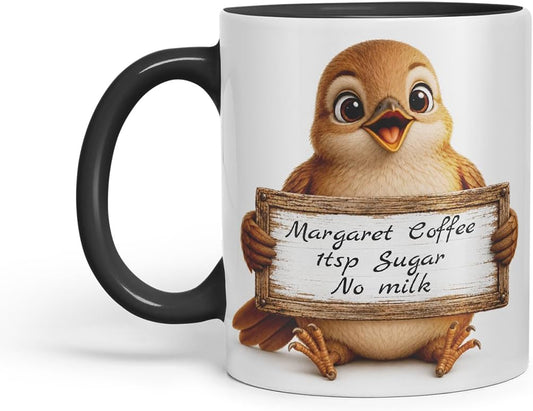Vixar Personalised Nightingale Mug with Name or Custom Message – Cute Animal Coloured Ceramic Mug Cup Gift, 11oz (Black)