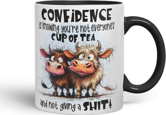 Vixar Confidence Funny Highland Cow Coloured Mug Cup 11oz (Black)