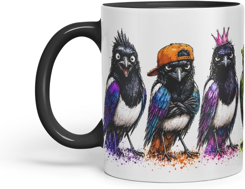 Vixar Magpie Bird Mug – Cute Magpie Bird Coloured Ceramic Mug Cup Gift, 11oz (Black)