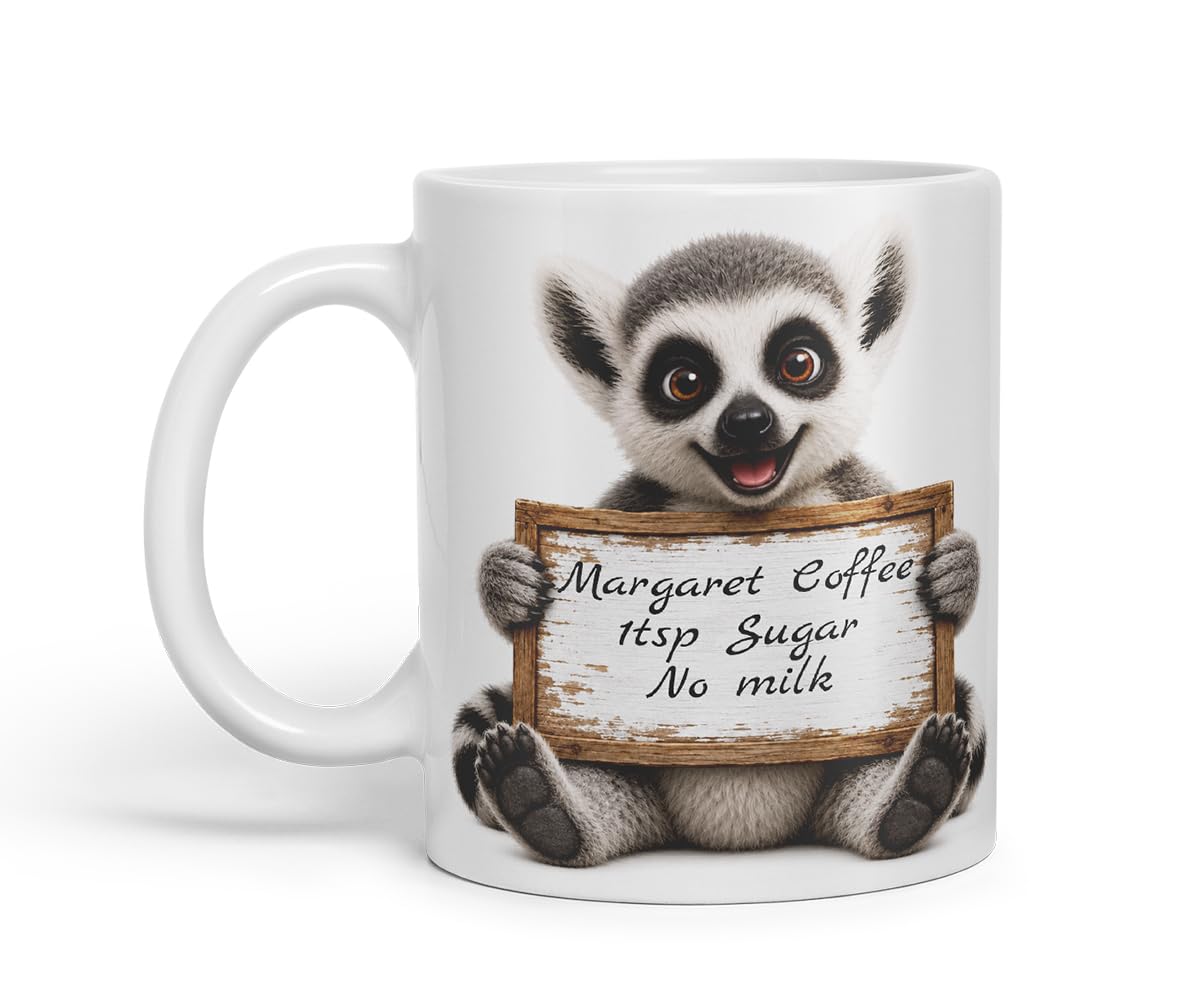 Vixar Personalised Lemur Mug with Name or Custom Message – Cute Animal Coloured Ceramic Mug Cup Gift, 11oz (Black)