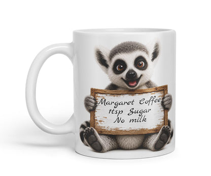 Vixar Personalised Lemur Mug with Name or Custom Message – Cute Animal Coloured Ceramic Mug Cup Gift, 11oz (Black)