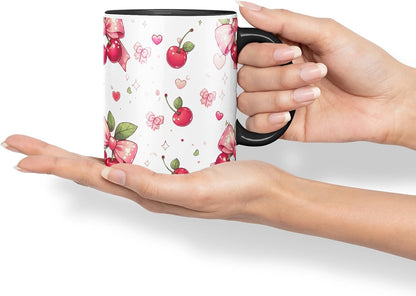 Vixar Cherry Bow Pattern Mug – Coloured Ceramic Mug Cup Gift, 11oz (Black)