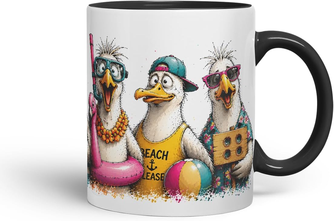 Vixar Beach Seagulls Mug – Funny Sea Bird Coloured Ceramic Mug Cup Gift, 11oz (Black)
