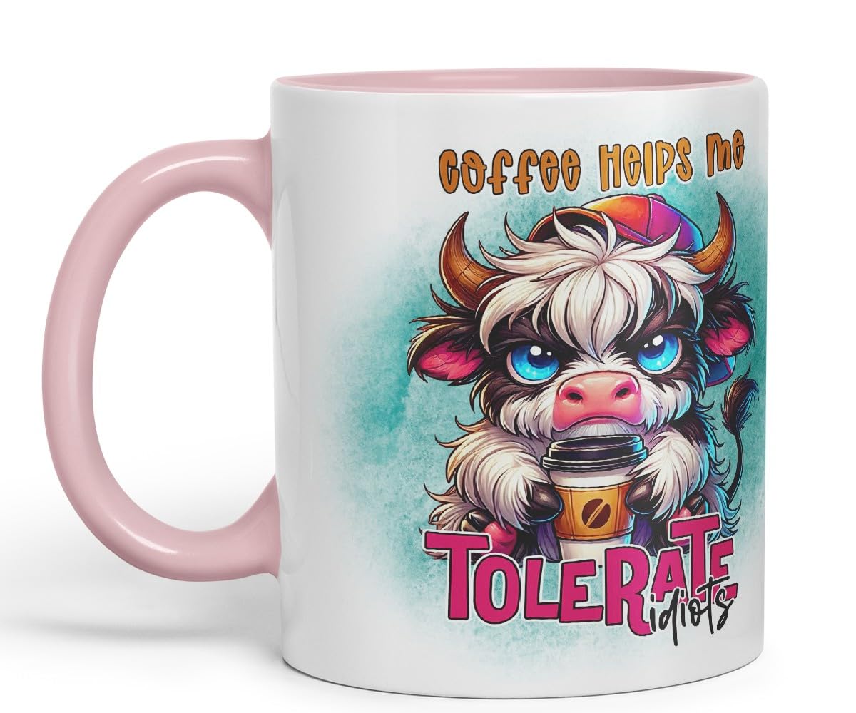 Vixar Coffee Helps Me Tolerate Idiots Highland Cow Coloured Ceramic Mug Cup Gift for Coffee Lovers 11oz (Black)