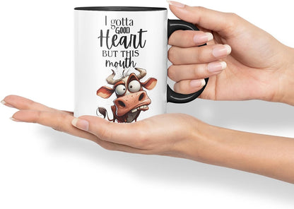 Vixar I Gotta Good Heart But This Mouth Funny Cow – Coloured Ceramic Mug Cup Gift, 11oz (Black)