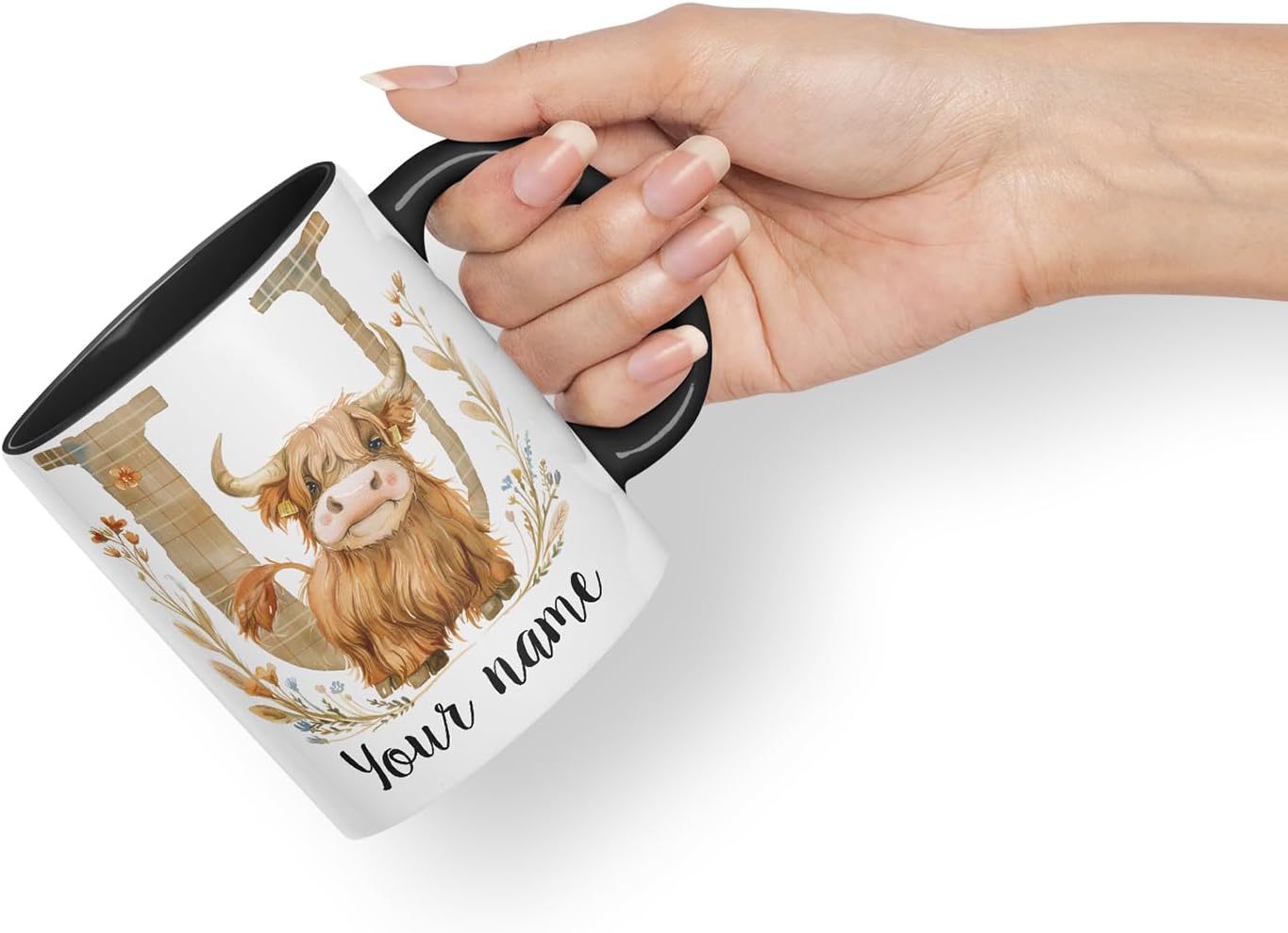 Vixar Personalised Highland Cow Initial Letter U Custom Name Mug – Coloured Ceramic Mug Cup Gift, 11oz (Black)