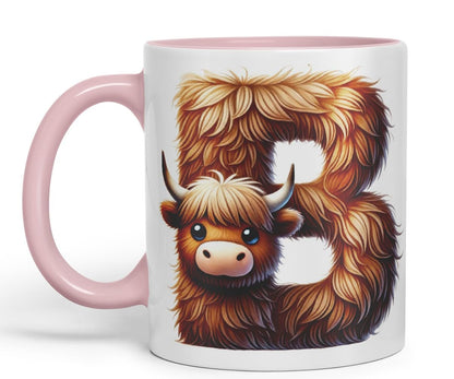 Highland Cow Alphabet Monogram Coloured Ceramic Cup Mug Letter B Rustic Farmhouse Animal Letter Gift V2 11oz (Black)