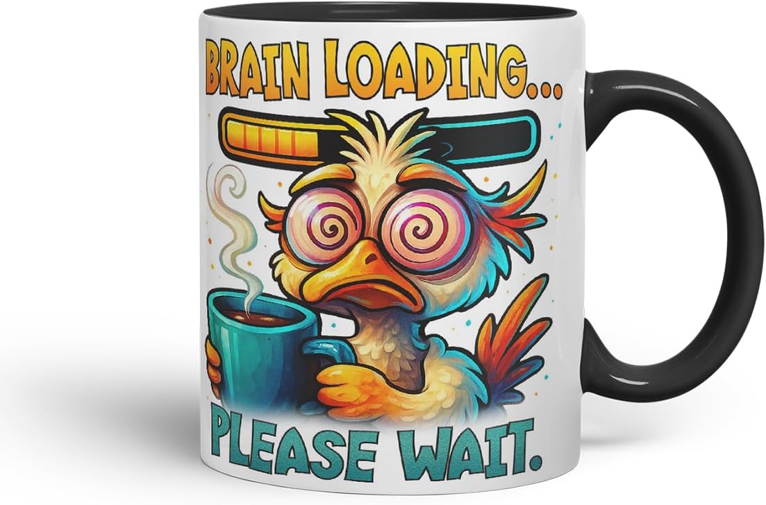 Vixar Brain Loading Please Wait Funny Bird Coffee Mug – Coloured Ceramic Mug Cup Gift, 11oz (Black)