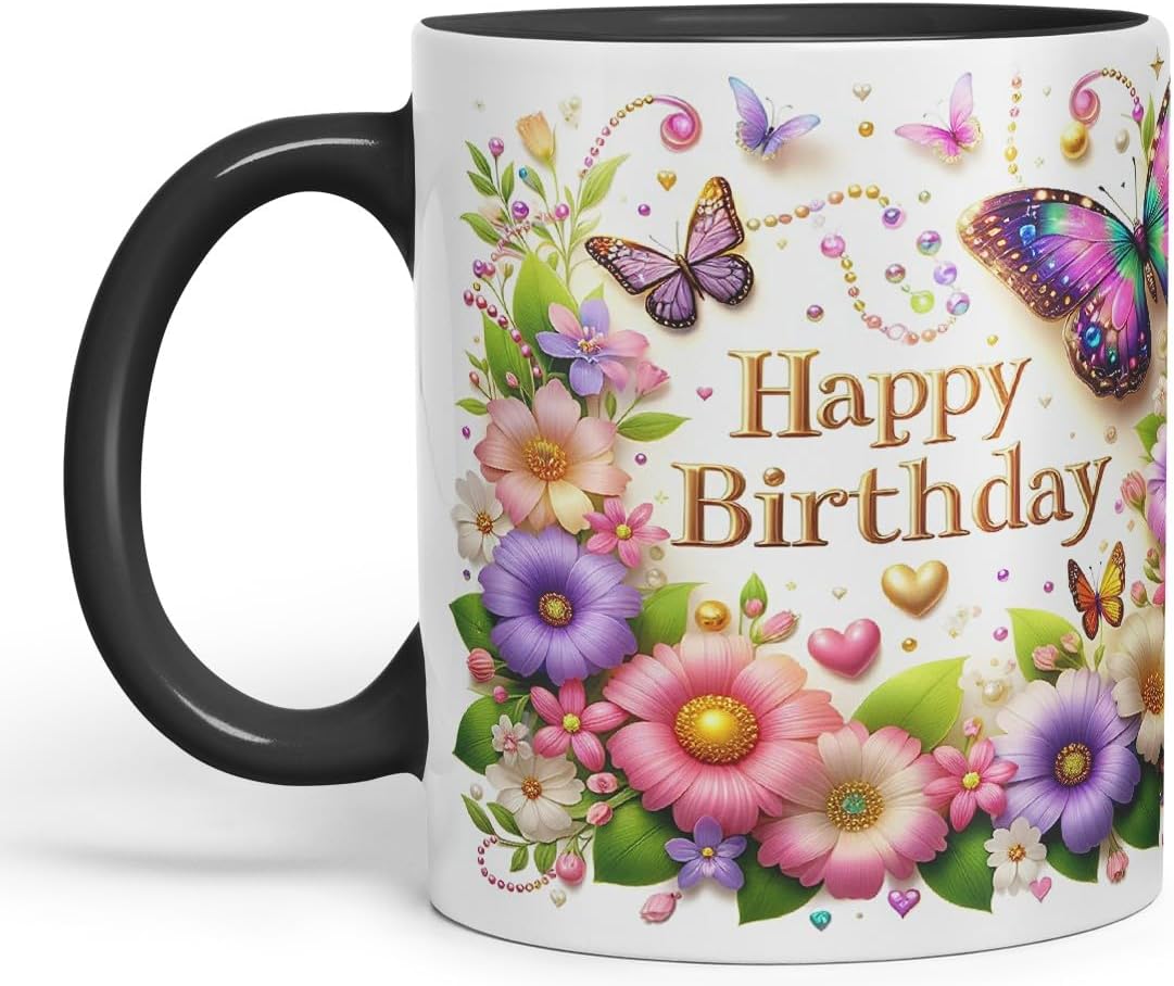 Vixar Happy Birthday Colourful Butterflies and Hearts Coloured Ceramic Mug Cup Gift 11oz V5 (Black)