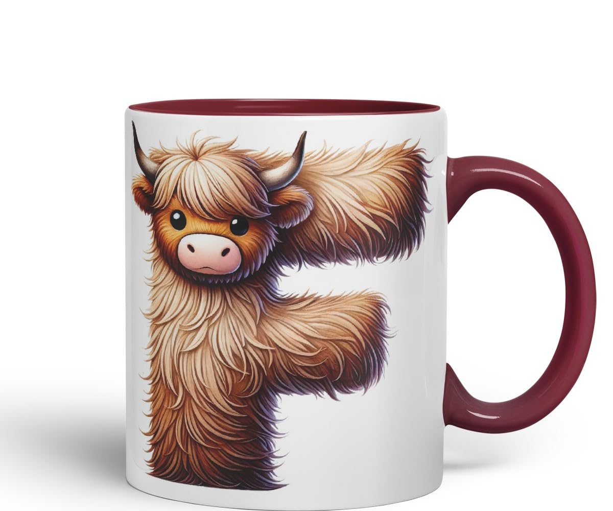 Highland Cow Alphabet Monogram Coloured Ceramic Cup Mug Letter F Rustic Farmhouse Animal Letter Gift V2 11oz (Black)