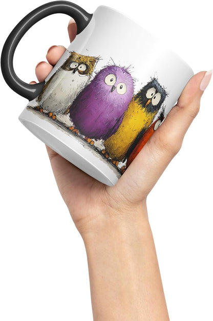 Vixar Funny Colourful Owl Friends Design – Cute Bird Character Mug for Animals Lovers, Coloured Mug Cup Gift, 11oz (Black)