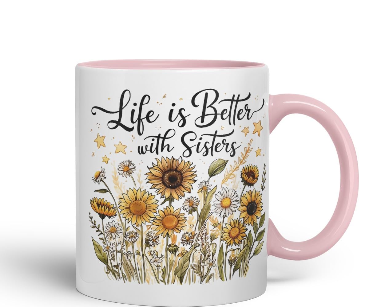 Vixar Life is Better with Sisters Coloured Mug Cup Floral Sister Gift 11oz (Black)