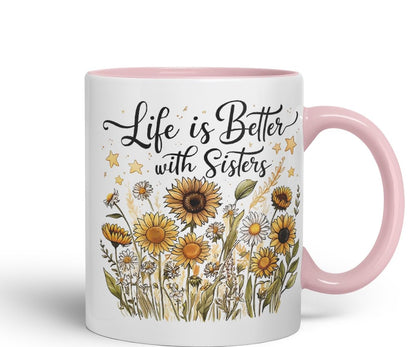 Vixar Life is Better with Sisters Coloured Mug Cup Floral Sister Gift 11oz (Black)