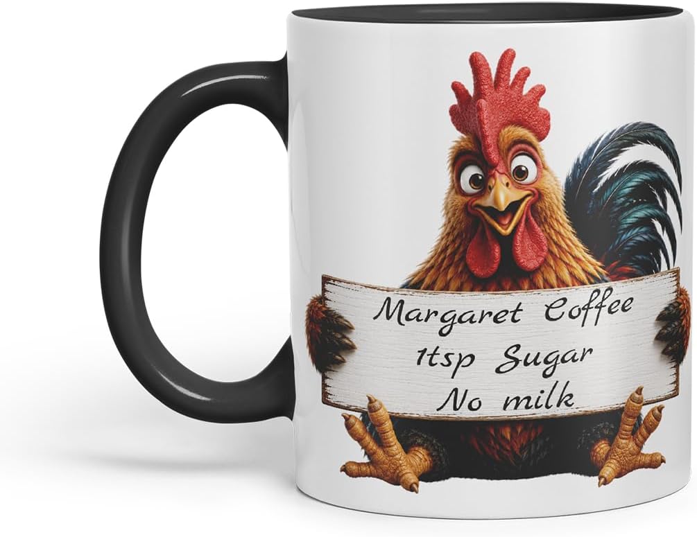 Vixar Personalised Cockerel Mug with Name or Custom Message – Cute Animal Coloured Ceramic Mug Cup Gift, 11oz (Black)