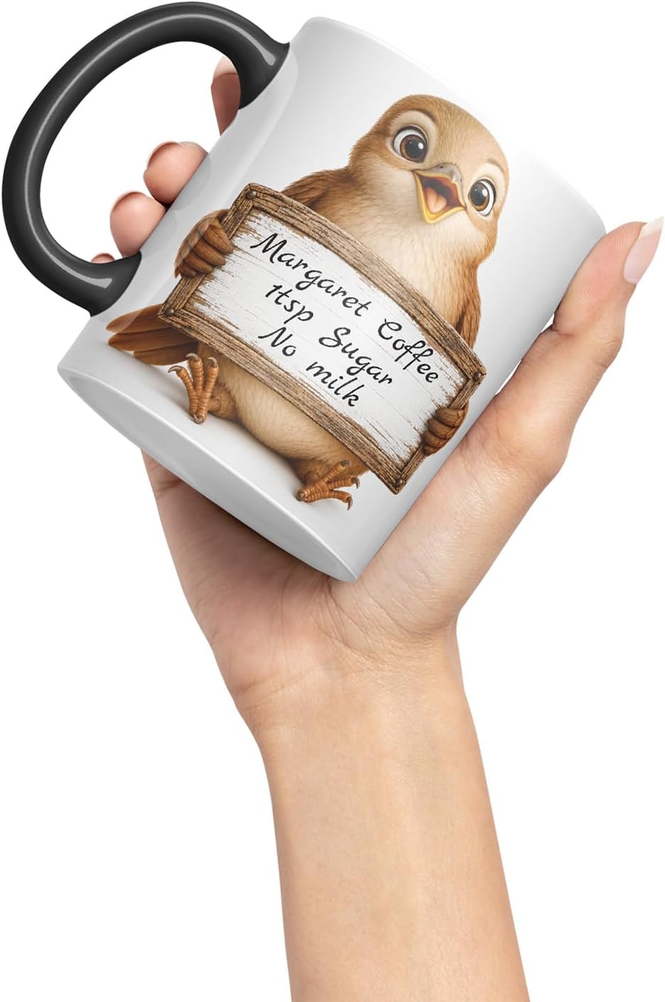 Vixar Personalised Nightingale Mug with Name or Custom Message – Cute Animal Coloured Ceramic Mug Cup Gift, 11oz (Black)
