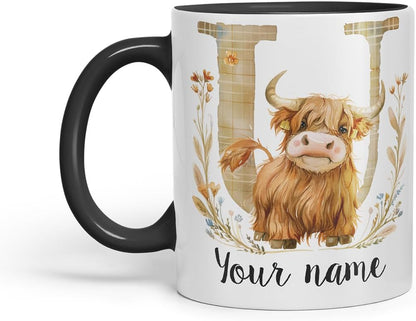 Vixar Personalised Highland Cow Initial Letter U Custom Name Mug – Coloured Ceramic Mug Cup Gift, 11oz (Black)