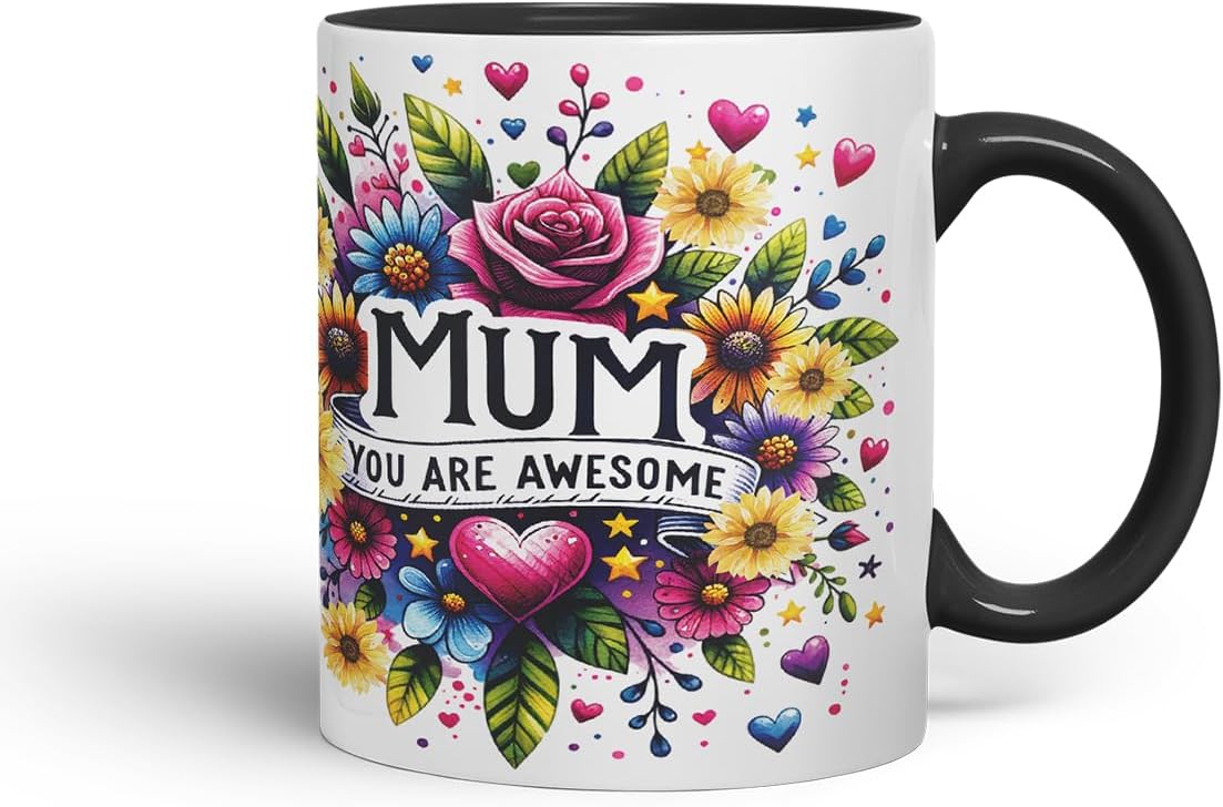 Vixar Mum You are Awesome Floral Mug – Coloured Ceramic Mug Cup Gift, 11oz (Black)