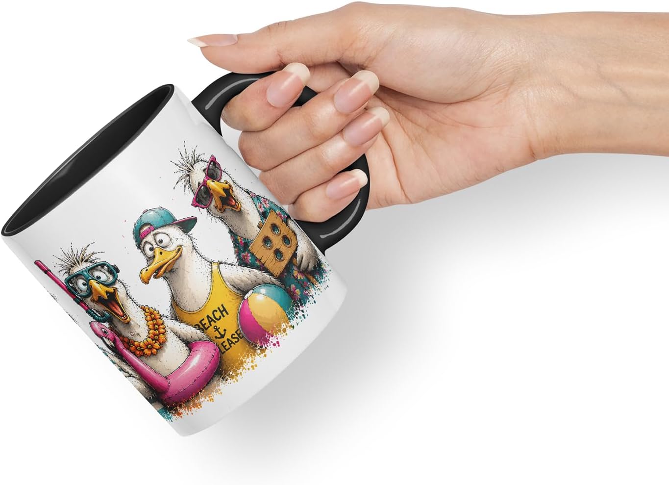 Vixar Beach Seagulls Mug – Funny Sea Bird Coloured Ceramic Mug Cup Gift, 11oz (Black)
