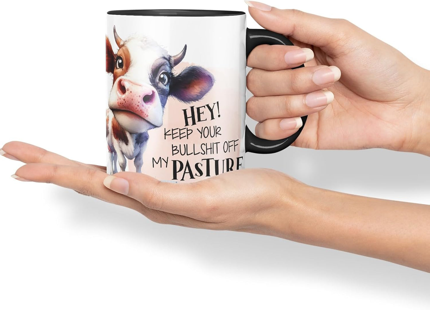 Vixar Hey! Keep Your Bullshit Off My Pasture Cow Coloured Ceramic Mug Cup Gift, 11oz (Black)