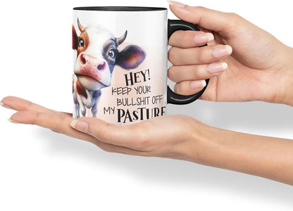 Vixar Hey! Keep Your Bullshit Off My Pasture Cow Coloured Ceramic Mug Cup Gift, 11oz (Black)