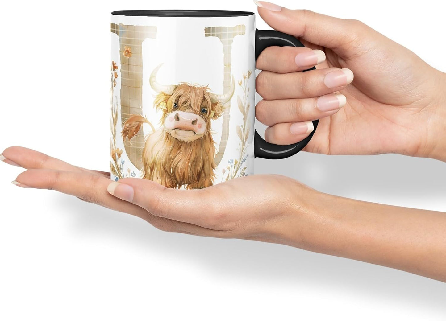 Vixar Highland Cow Alphabet Monogram Coloured Ceramic Cup Mug – Letter U – Rustic Farmhouse Animal Letter Gift – 11oz (Black)