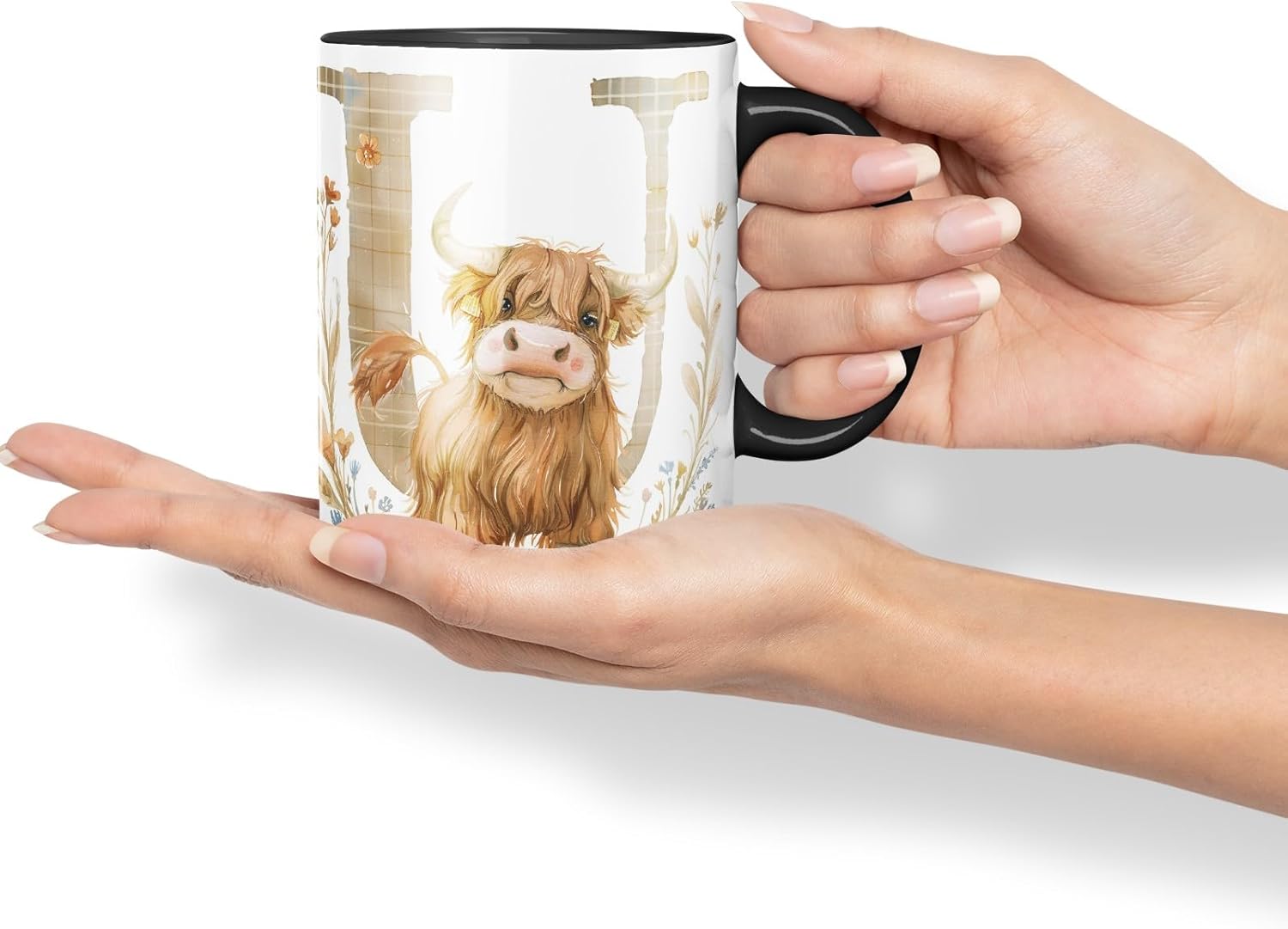Vixar Highland Cow Alphabet Monogram Coloured Ceramic Cup Mug – Letter U – Rustic Farmhouse Animal Letter Gift – 11oz (Black)