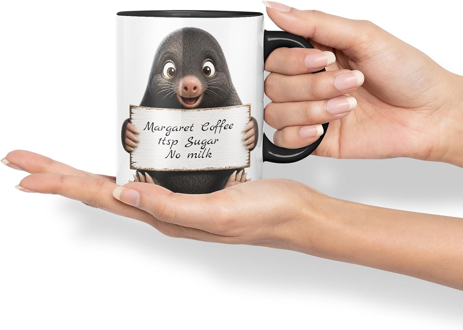 Vixar Personalised Mole Mug with Name or Custom Message – Cute Animal Coloured Ceramic Mug Cup Gift, 11oz (Black)