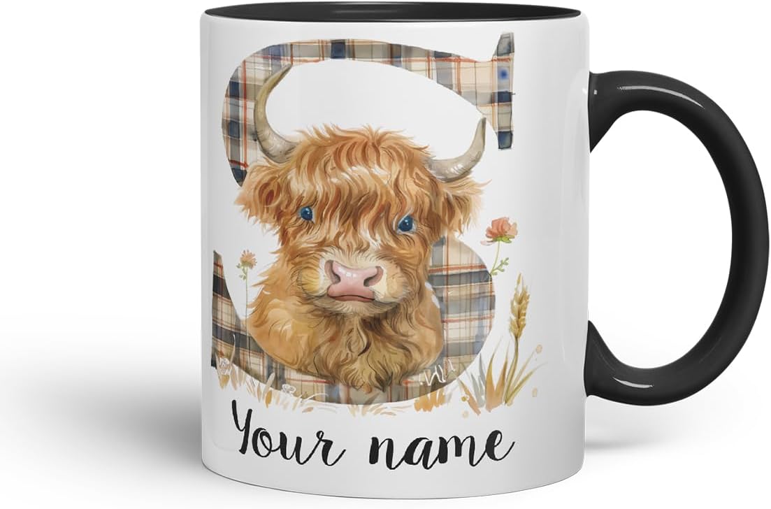 Vixar Personalised Highland Cow Initial Letter S Custom Name Mug – Coloured Ceramic Mug Cup Gift, 11oz (Black)