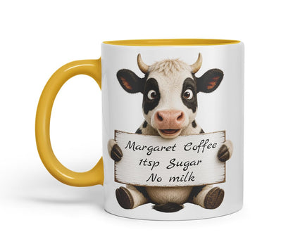Vixar Personalised Cow Mug with Name or Custom Message – Cute Animal Coloured Ceramic Mug Cup Gift, 11oz (Black)