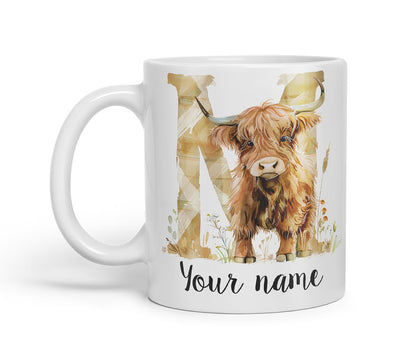 Vixar Personalised Highland Cow Initial Letter M Custom Name Mug – Coloured Ceramic Mug Cup Gift, 11oz (Black)