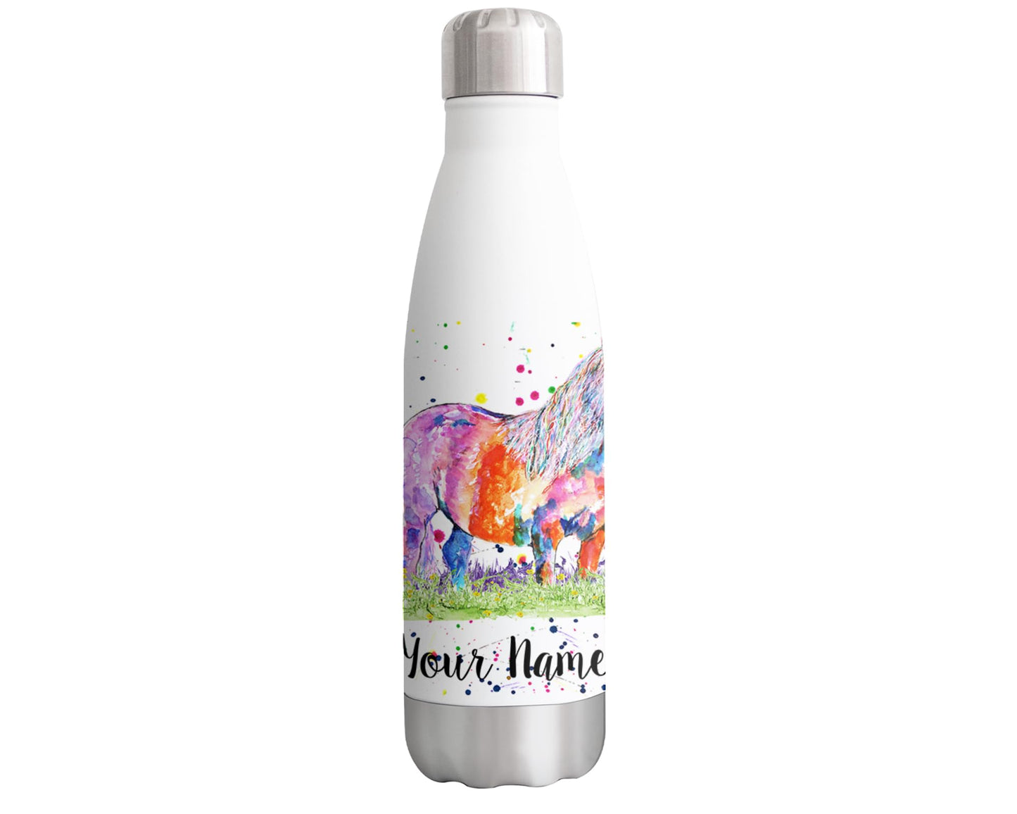 Vixar Shetland Pony Personalised Custom Bottle with your Text/name Watercolour Horse Farm Animals Bottle Double Wall Insulated Stainless Steel Sport Drinks 500ml